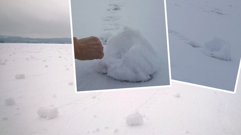 Isossa kuvassa lumirullia Sotkamon Jormasjärvellä, pienissä kuvissa Oulujärvellä.