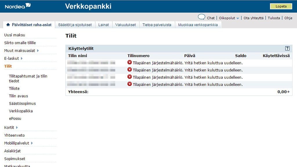 Kuvakaappaus Nordean nettipankin häiriöstä 15.2.2016.