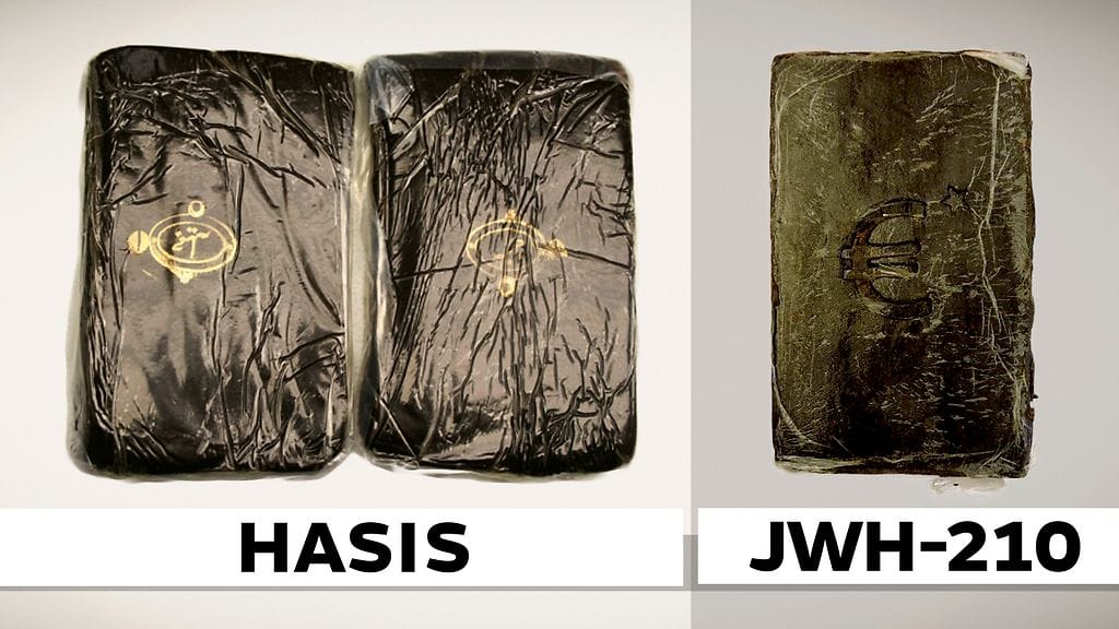 Hasislevyn muotoon puristetut synteettiset kannabinoidit muistuttavat ulkonäöltään perinteistä hasista. Vasemmalla takavarikoitua aitoa hasista, oikealla rikosteknisen laboratorion ottama kuva Jehovana tunnetusta muuntohuumeesta.