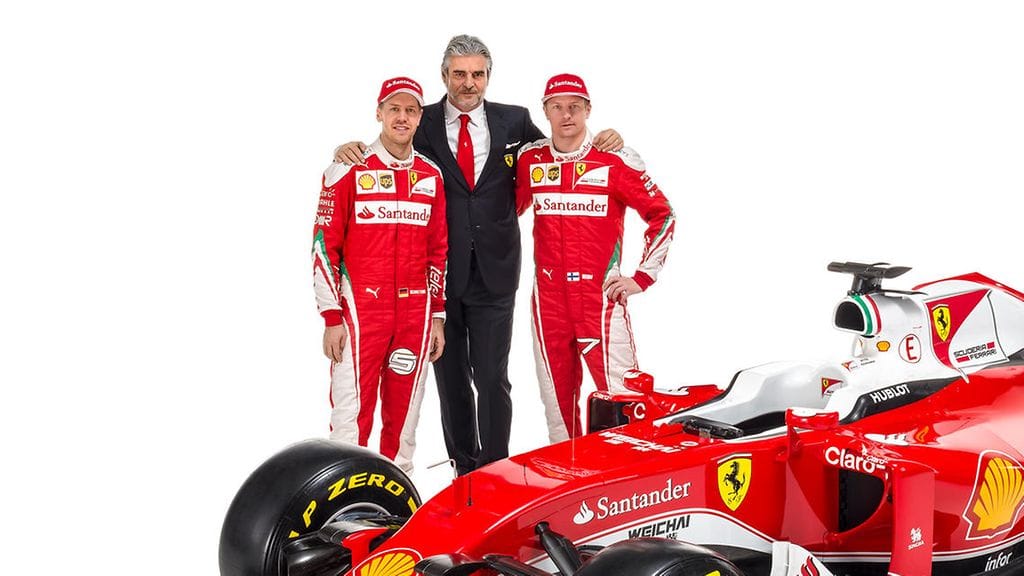 Sebastian Vettel, Maurizio Arrivabene ja Kimi Räikkönen, valmiina voittamaan.