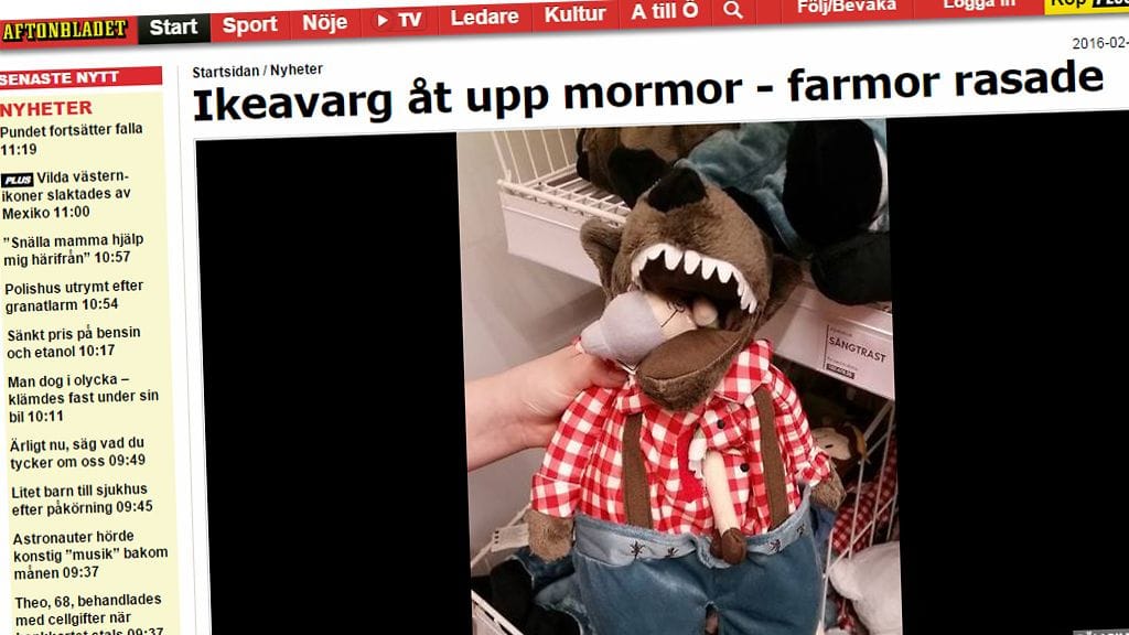 Pehmolelun lähempi tarkastelu osoittaa, että susi on pistänyt koko mummon poskeensa.