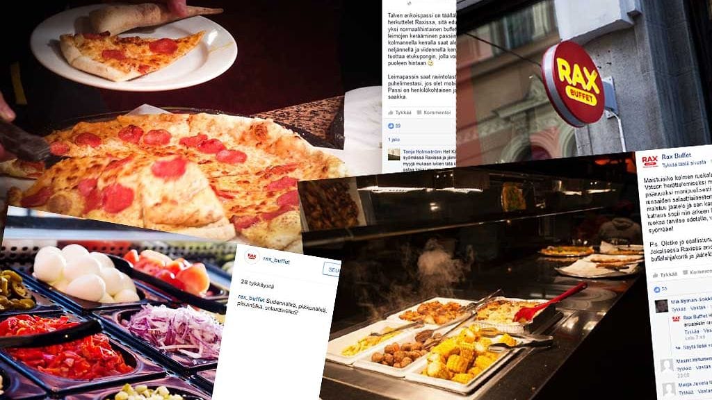 Rax Buffeteissa on tarjolla muun muassa pizzaa, salaattia ja lihapullia.