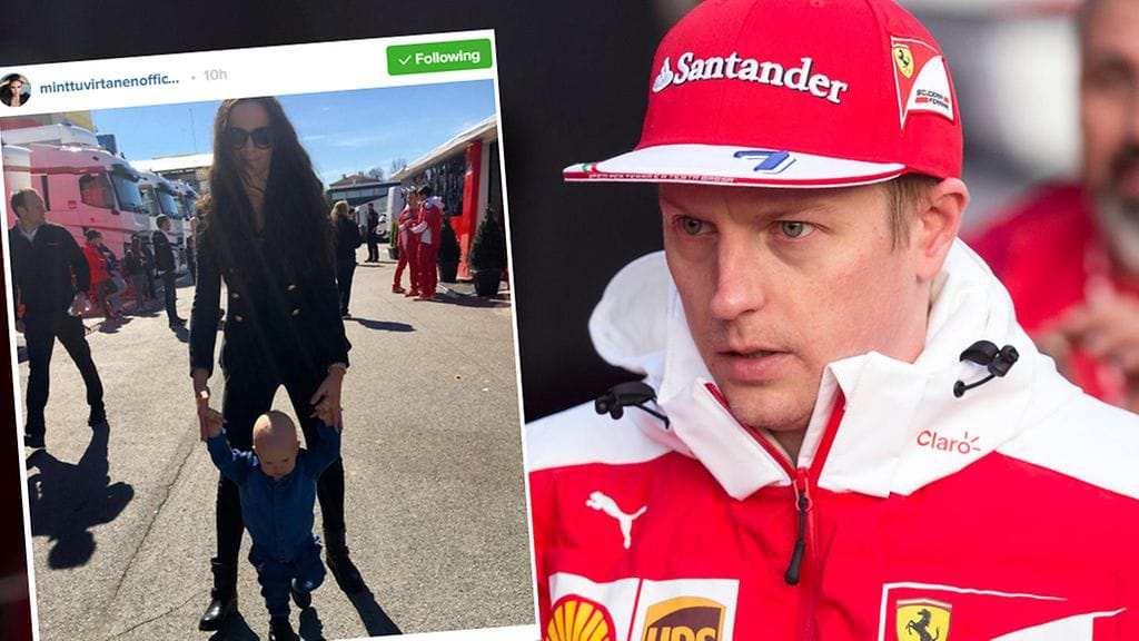 Kimi Räikkönen ajaa Ferrarin tallissa. Pieni kuva Virtasen Instagramista.