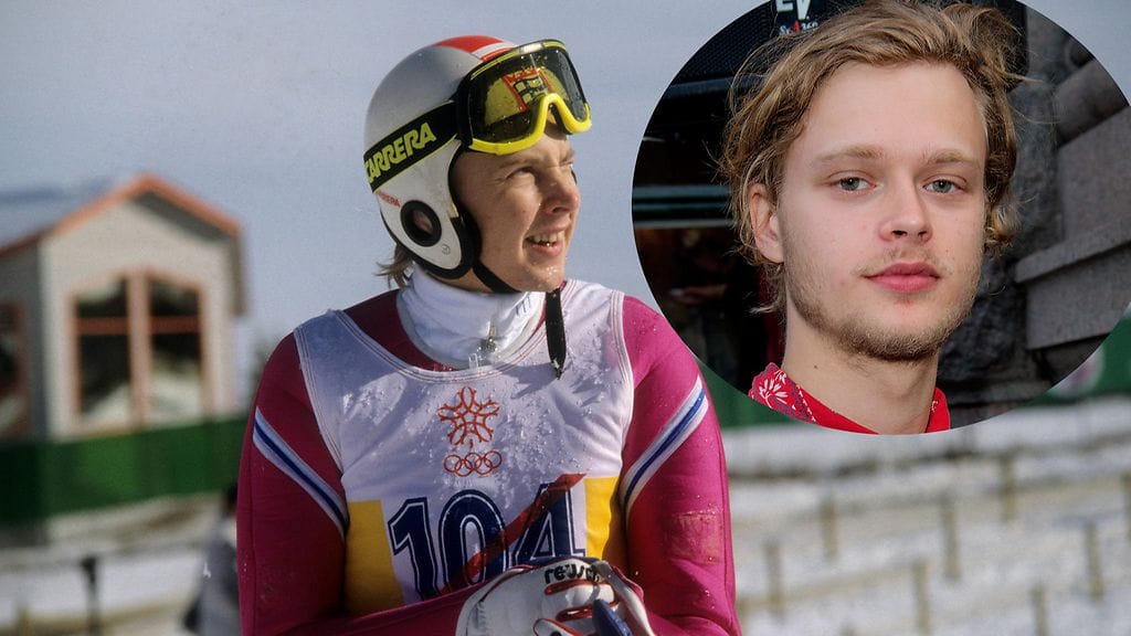 Matti Nykänen vuonna 1988. Kuvaan käsitelty mukaan Nykästä näyttelevä ruotsalainen Edvin Endre.