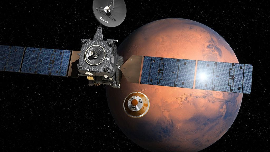 Kuvassa taiteilijan näkemys ExoMars-luotaimen lähestymisestä Marsiin.