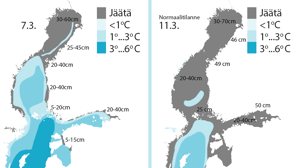 Jäätilanne 7. maaliskuuta 2016 ja keskimääräinen tilanne 11. maaliskuuta. Jäätä on nyt selvästi ajankohdan keskimääräistä jääalaa pienemmällä alueella.