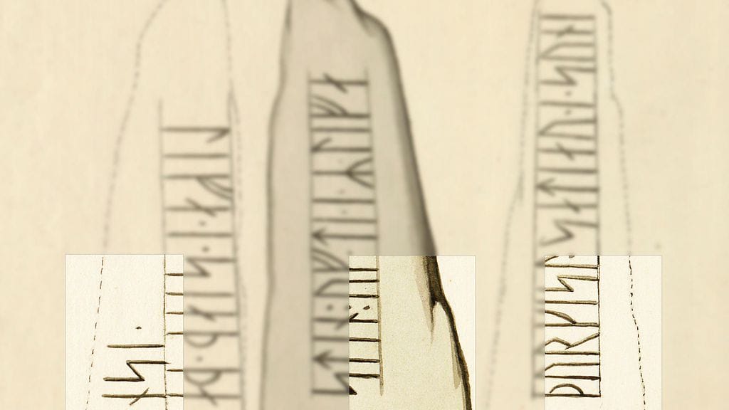 Tegning ad Ydby-runestenen med de genfundne fragmenter