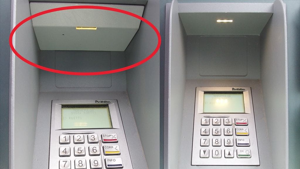 Kuvassa näkyy näppäimistön syvennyksessä suojalevyn taakse piilotettu kameralaitteisto, joka kuvaa PIN-koodin syöttämisen. Vieressä näppäimistö ilman kameraa. KUVA: POLIISI