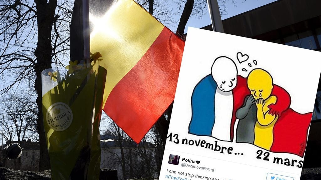 Belgian lippu ja kukkia Belgian suurlähetystön edustalla Helsingissä, kuvakaappaus Twitteristä.