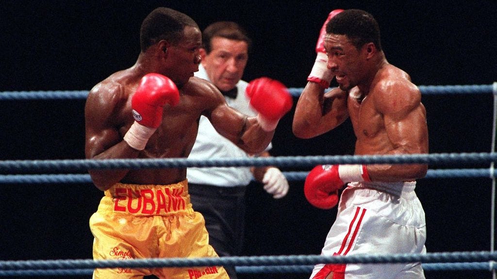 Chris Eubank ja Michael Watson kohtasivat kahdesti vuonna 1991. Kuva ensimmäisestä ottelusta kesäkuusta.