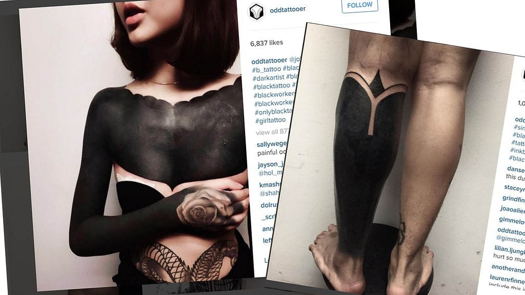 Koko kehoa peittävät blackout -tatuoinnit näyttävät ensisilmäyksellä vaatteilta.