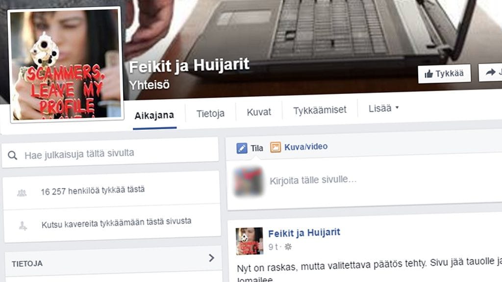 Kuvakaappaus Facebookin Feikit ja Huijarit -sivustolta.