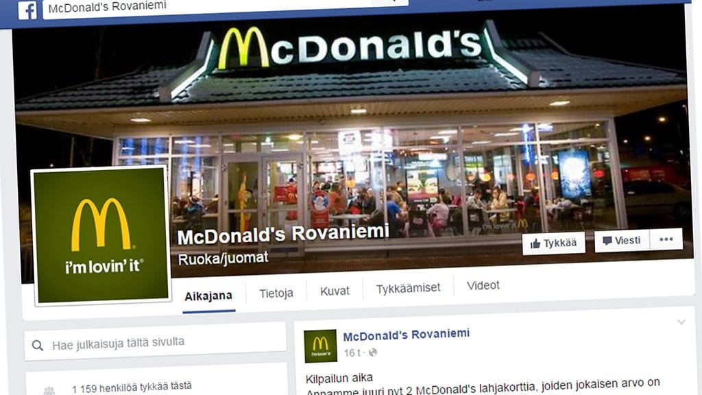 Kuvakaappaus Rovaniemen McDonald'sin valesivustosta.