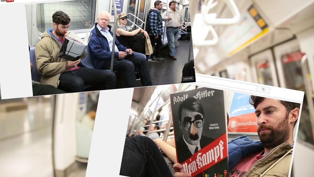 Koomikko hämmensi metromatkustajia hulvattomilla kirjojen kansilla.