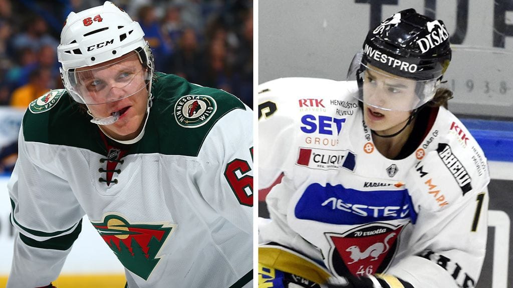 Sebastian Aho (oik.) hurjastelee Mikael Granlundin pistetahdissa.