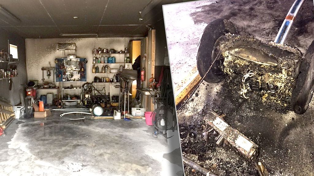 Tasapainoskootteri meni tuhannen päreiksi ja sytytti tulipalon autotallissa Hollolassa. Kuva: Hanna Klemola.