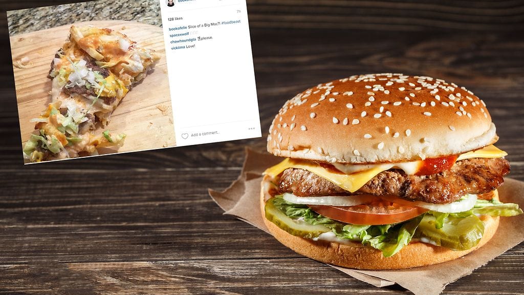 Bic Mac -pizzan täytteinä on hampurilaispihvejä, cheddaria, hampurilaiskastiketta ja ranskalaisia.