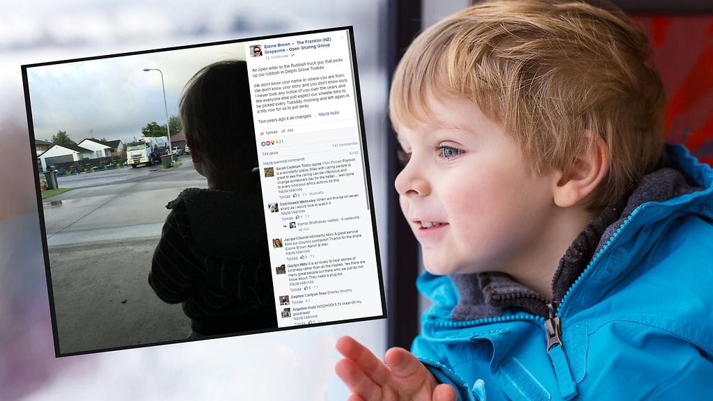 Pikkupojan päivä muuttuu hetkessä paremmaksi hänen saadessa vilkuttaa roskakuskille.