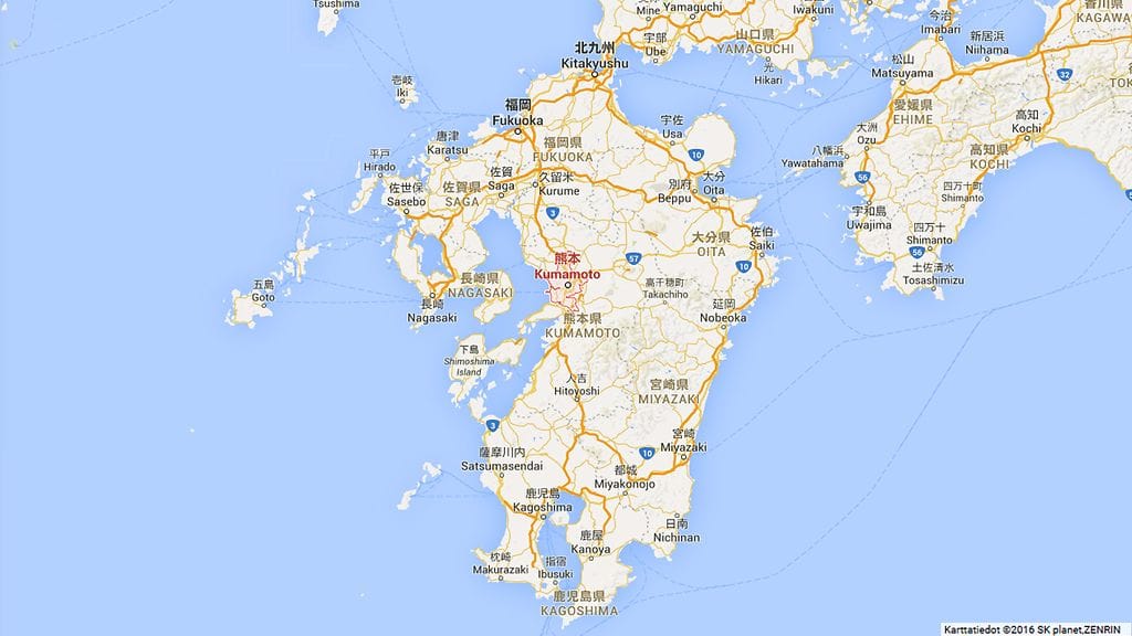 Kumamoto, Japani. Kartta: Google Maps