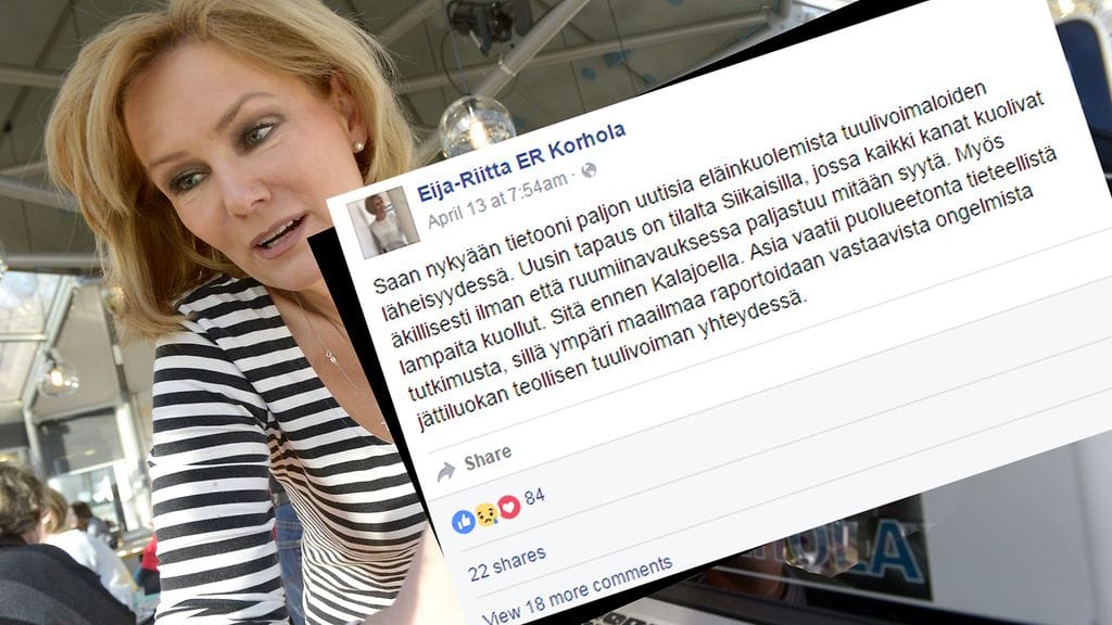 Entinen europarlamentaarikko Eija-Riitta Korhola sai somen pöllyämään perjantaina tekemällään tuulivoimapäivityksellä.