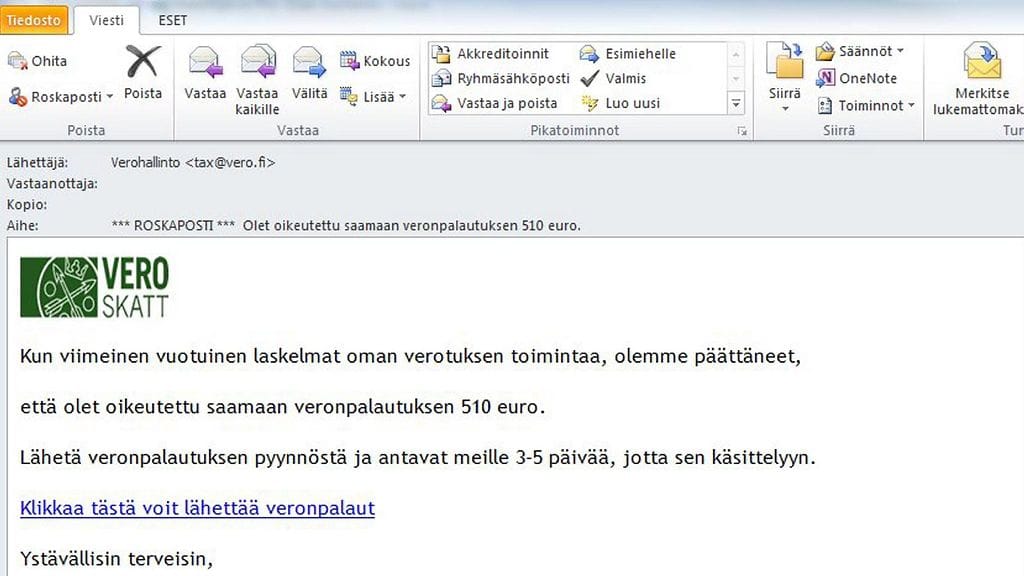 Kuvakaappaus Verohallinnon nimissä tehdystä sähköpostihuijauksesta.
