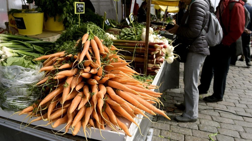Porkkanaa myynnissä juhannusaattona Kauppatorilla Helsingissä 19. kesäkuuta 2015.