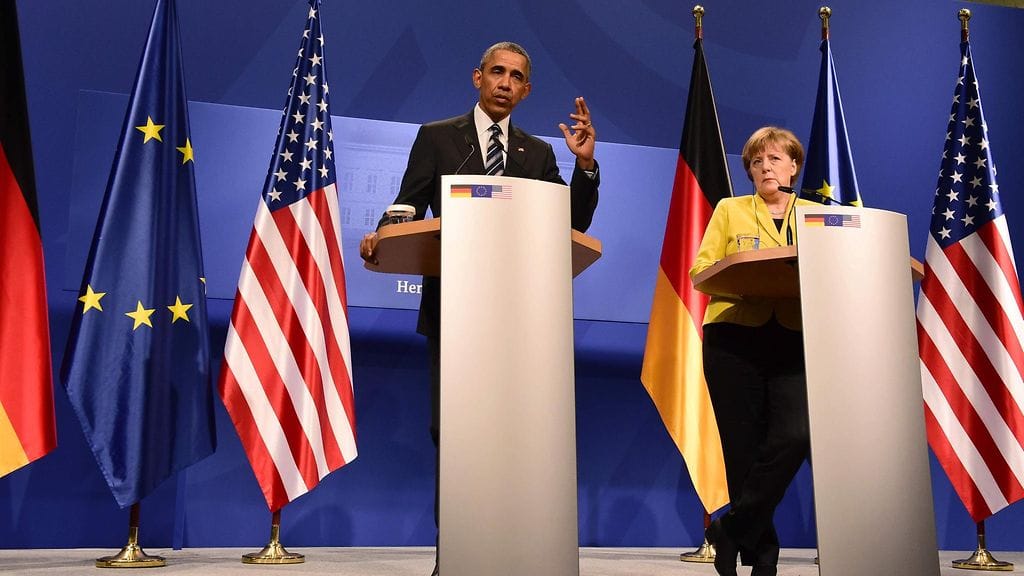 Barack Obama ja Angela Merkel Hannoverissa Saksassa 25.4.2016.