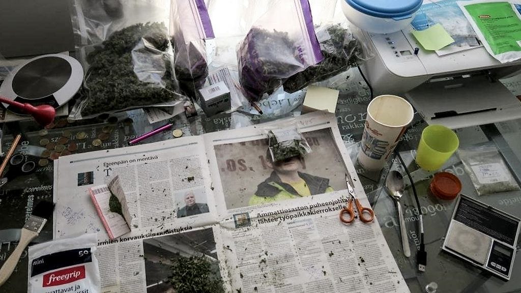 Kuvassa kannabiksen kukintoa sekä kannabiksen punnitsemisessa käytettyjä vaakoja.