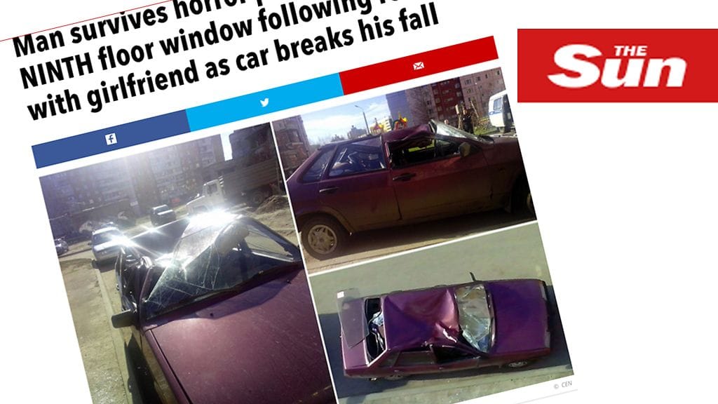 The Sun esittelee sivuillaan useita kuvia autosta, jonka päälle mies oli pudonnut.