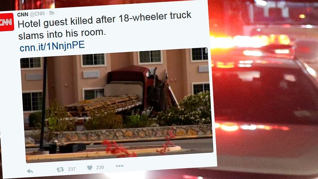 CNN:n mukaan hotellin seinään päätynyt rekka oli ajanut useiden parkkipaikkojen läpi kovalla vauhdilla.