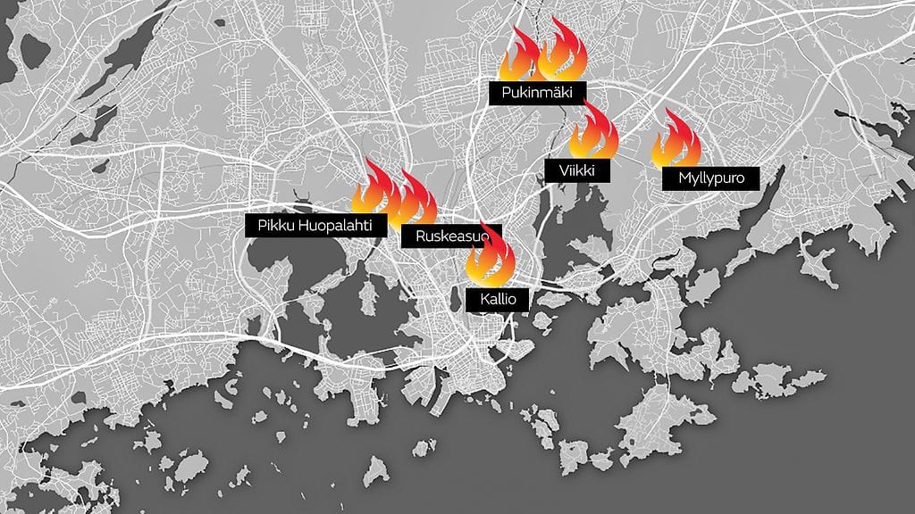 Tuhopolttoja on ollut Helsingissä useissa kaupunginosissa.