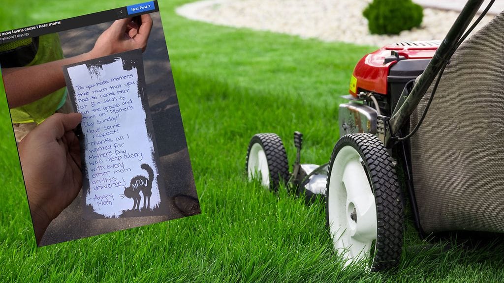 Äiti syytti ruohonleikkaajaa päivänsä pilaamisesta.