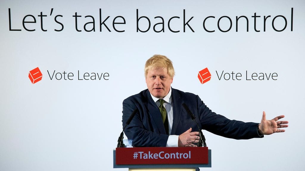Johnson pitää puhetta Britannian EU-eron puolesta Lontoossa tämän vuoden toukokuussa.
