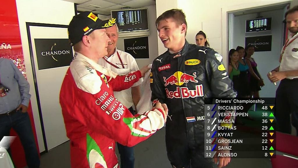 Kimi Räikkönen onnittelee Max Verstappenia voitosta.