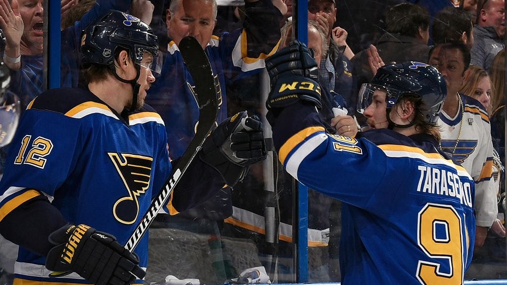 Jori Lehterä ja Vladimir Tarasenko juhlivat 2-1-osumaa.