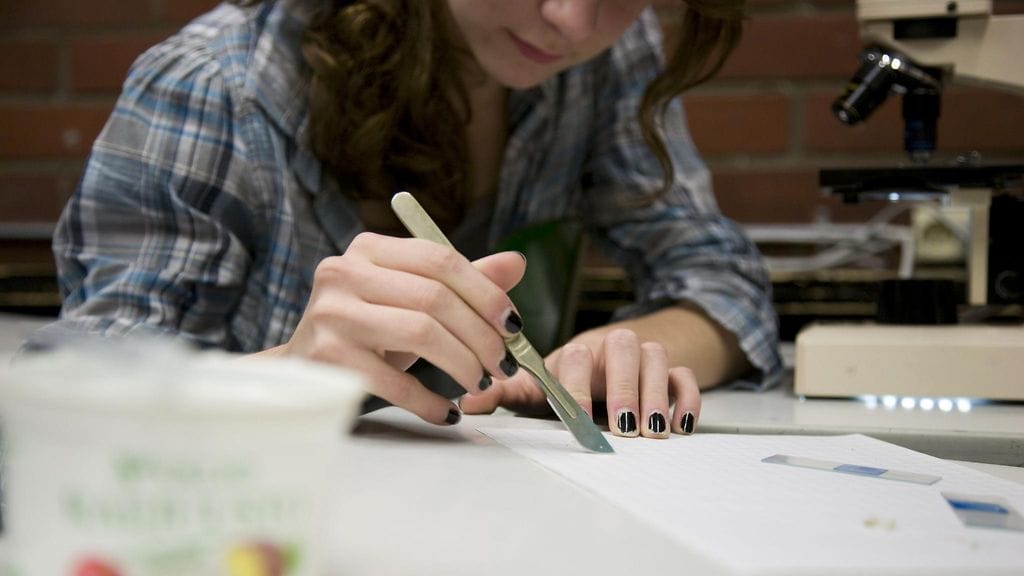 15-vuotias 9-luokkalainen opiskelee biologiaa luonnontieteiden luokassa.