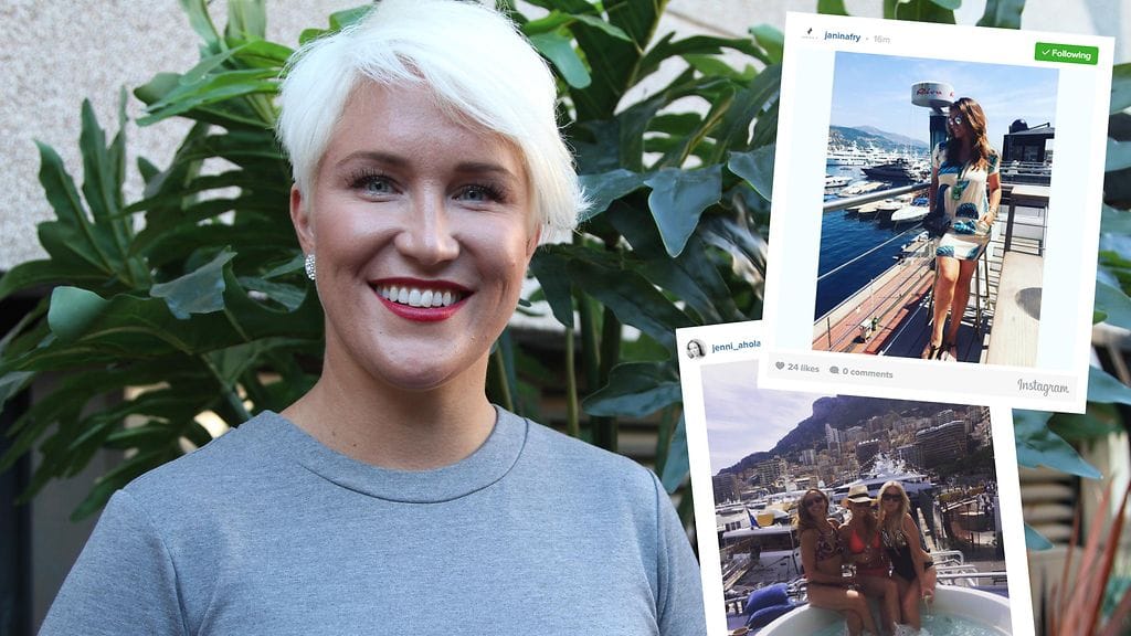 Kiinteistönvälittäjä Mira Kasslin on Monacossa seuraamassa F1-osakilpailua. Pienet kuvat Instagramista.