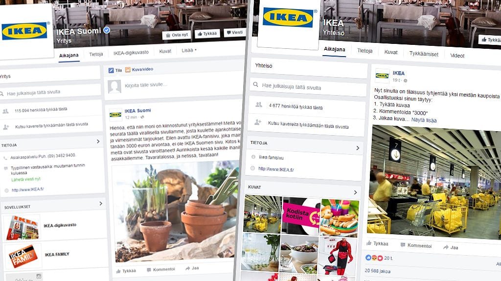 Facebookissa kiersi taannoin Ikean valesivuston jakama arvonta. Kuvassa vasemmalla Ikean aito ja oikealla väärennetty Facebook-sivu.