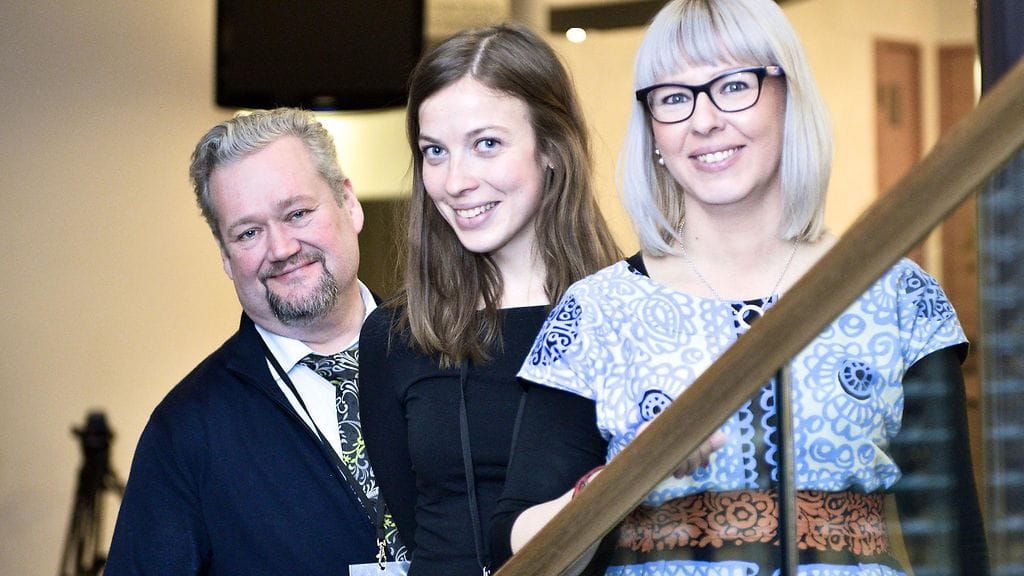 Vasemmistoliiton puheenjohtajaehdokkaat Jari Myllykoski, Li Andersson ja Aino-Kaisa Pekonen.