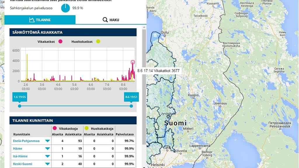 Kuvakaappaus Elenian kotisivuilta löytyvästä sähkökatkokartasta.