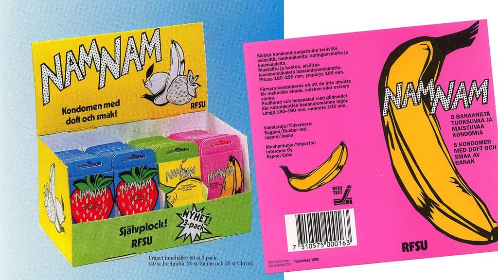 Näin niitä Ruotsissa mainostettiin! Ruotsalainen NamNam-mainos ja banaaninmakuisten kondomien paketti.