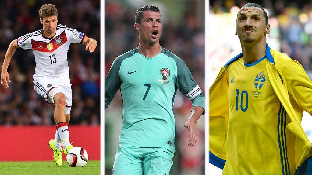 Thomas Mueller, Cristiano Ronaldo ja Zlatan Ibrahimovic kuuluvat EM-kisoihin ykkösnimiin.