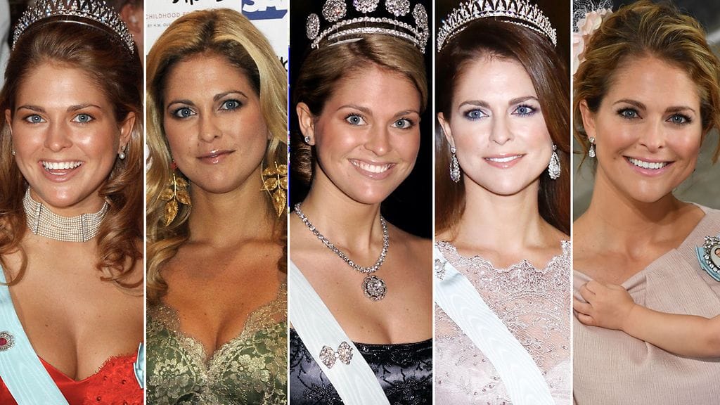 Prinsessa Madeleine vuosien varrella, vasemmalta oikealle: vuosi 2002, vuosi 2010, vuosi 2005, vuosi 2014 ja vuosi 2016.