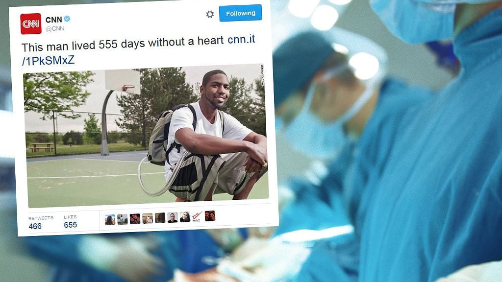 Vaikka lääkärit vakuuttivat Stan Larkinille, että tämä voi elää hyvinkin pitkään ilman sydäntä, oli leikkaukseen suostuminen miehelle vaikeaa. Kokemuksensa myötä hän tahtoo kuitenkin nyt rohkaista muita, jotka saattavat joutua saman tilanteen eteen. Kuvakaappaus CNN/Twitter