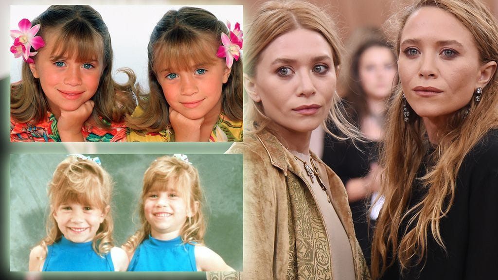 Mary-Kate ja Ashley Olsen kuvattuna vuonna 2016 (iso kuva), vuonna 1996 (kuva ylävasemmalla) ja 1990-luvun alussa (kuva alavasemmalla).