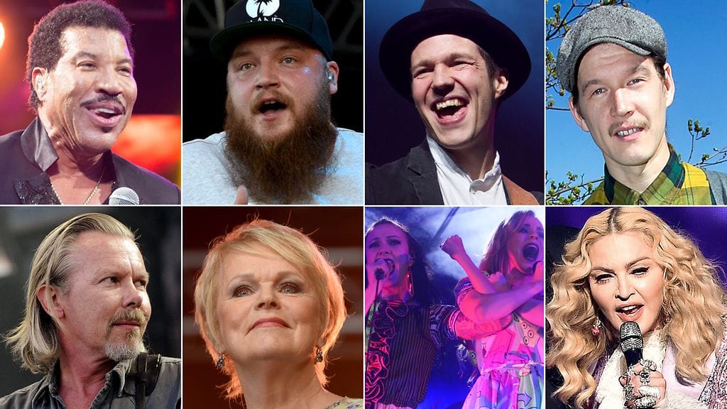 Paras kesäbiisi -ehdokkaita, vasemmalta ylhäältä myötäpäivään lukien: Lionel Richie, Kasmir, Olavi Uusivirta, Pariisin Kevät (Arto Tuunela), Madonna, PMMP, Katri Helena ja J. Karjalainen.