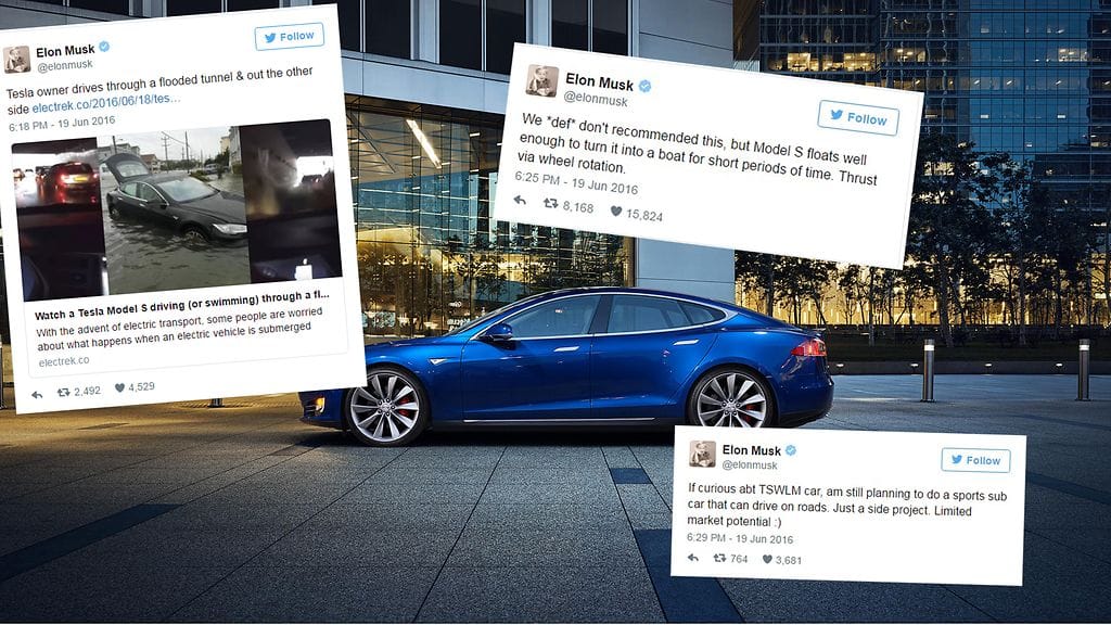 Teslan toimitusjohtaja vakuuttaa Twitterissä Model S:n toimivan tarvittaessa kuin vene.