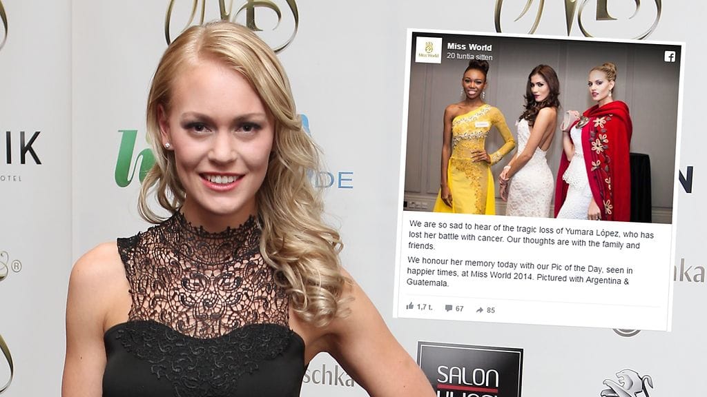 Krista Haapalainen on Miss Suomen ensimmäinen perintöprinsessa. Facebook-kuvassa syöpään menehtynyt López seisoo keskimmäisenä. Pieni kuva kaapattu Facebookista.