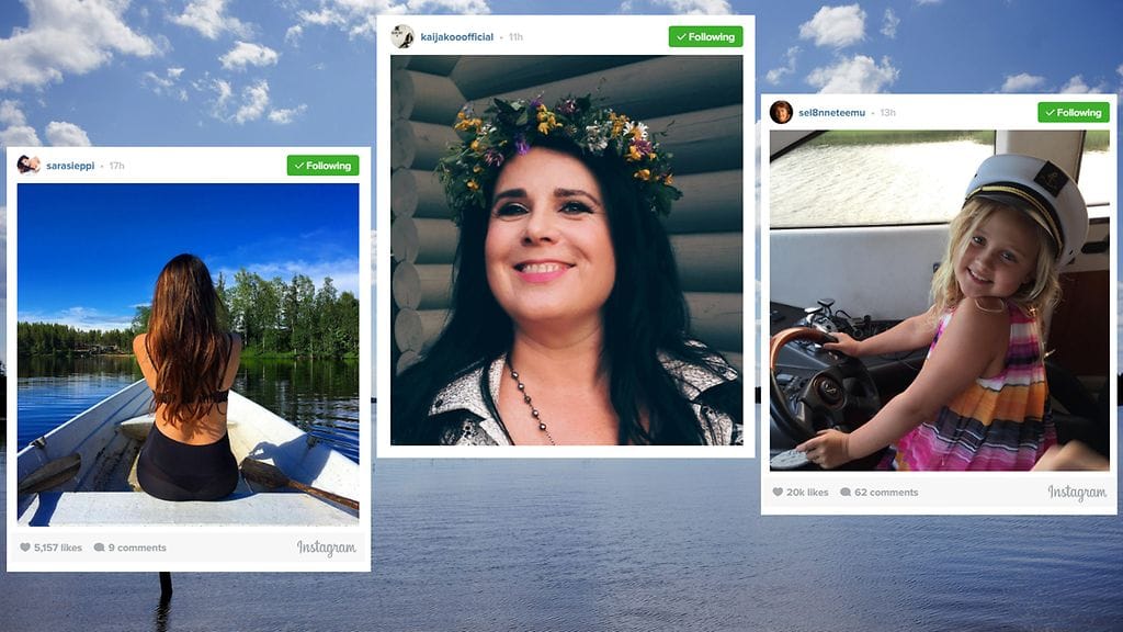 Sara Sieppi, Kaija Koo sekä Teemu ja Sirpa Selänteen Veera-tytär juhannusriennoissa. Kuvat Instagramista.