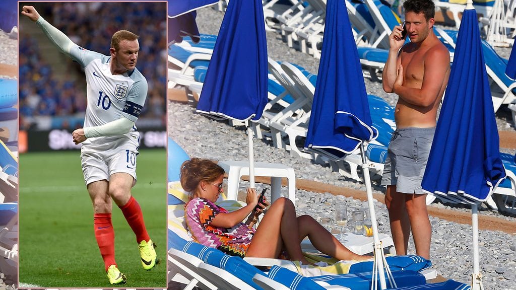 Wayne Rooney kentällä 27. kesäkuuta 2016 Islanti-ottelussa (vasemmalla). Samana päivänä vaimo Coleen Rooney viihtyi Nizzan auringon alla miesseurassa.